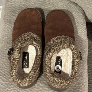 Clarks Chocolate Suede Slippers with Knit Cuff